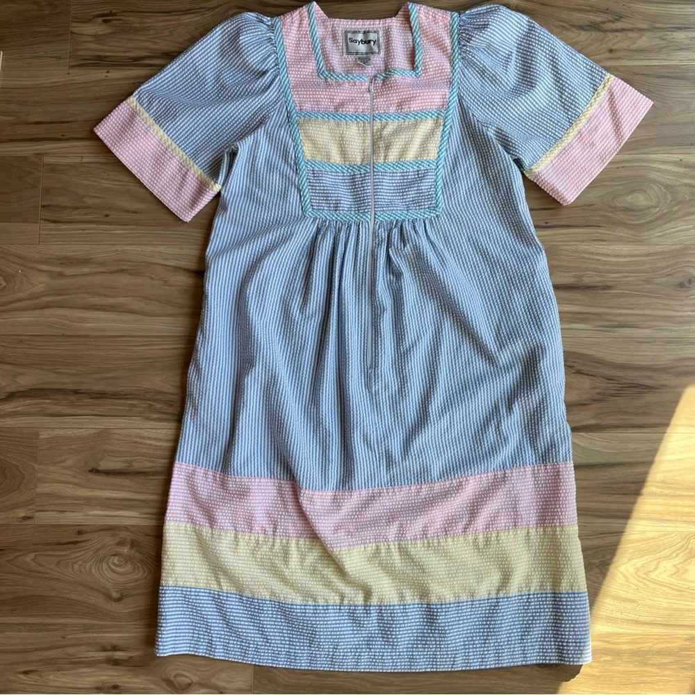 Vtg Saybury Rainbow Striped Nightgown MuMu House Dress Pockets M Maxi Searsucker